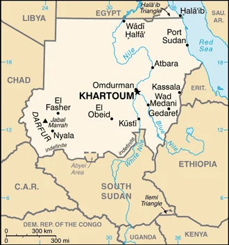 Map of Sudan showing Khartoum, Darfur, and the neighbouring countries